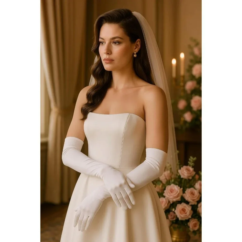 Women's White Vintage Satin Long Gloves Party Costume Stretchy Elbow Length